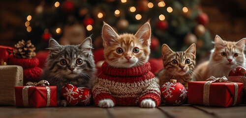 Wall Mural - Cats in Christmas sweaters with presents around them.