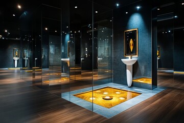 a mirrored installation in a luxury bathroom, where reflective surfaces create infinite reflections,