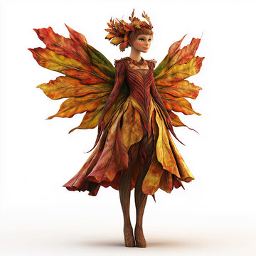 3D October autumn Fairy character with autumn leaves as wings