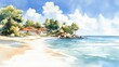 © tinnakorn - A serene beach scene with clear blue waters, soft sands, and charming coastal cottages surrounded by lush greenery.