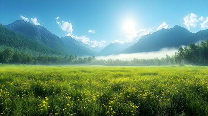 Poster - A serene landscape featuring mountains, a bright sun, and a field of flowers under a clear sky.