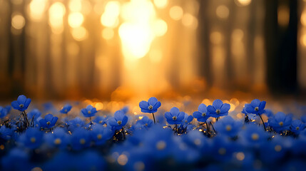 A serene landscape of blue flowers illuminated by soft sunlight in a forest setting.