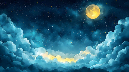 Wall Mural - A serene night sky filled with stars and a bright moon above soft clouds.