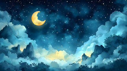 Canvas Print - A serene night sky with a crescent moon, stars, and soft clouds.