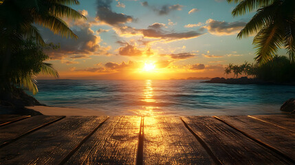 Wall Mural - A serene sunset over a beach with palm trees, inviting relaxation and tranquility.