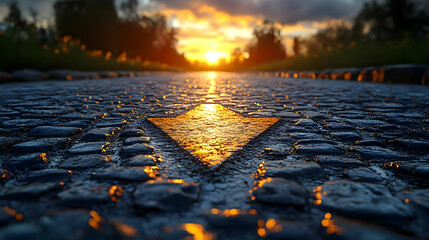 Wall Mural - A serene sunset over a cobblestone path with a directional arrow.