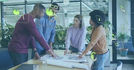 Poster - animation of eco icons and data processing over diverse business people in office
