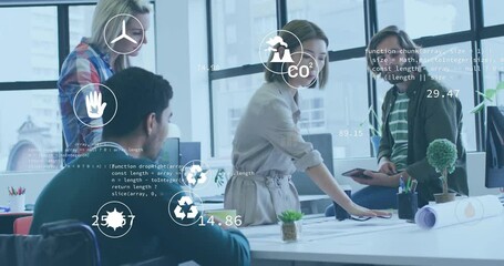 Poster - animation of eco icons and data processing over diverse business people in office