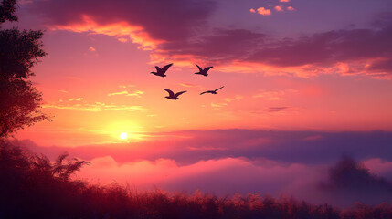 Poster - A serene sunset with birds flying over misty mountains.