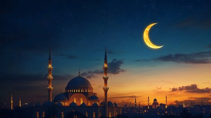 Wall Mural - Mosque Silhouette Against a Starry Sky with Crescent Moon