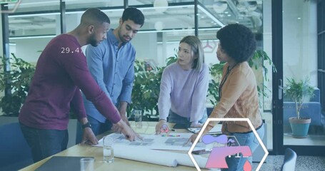 Poster - animation of eco icons and data processing over diverse business people in office
