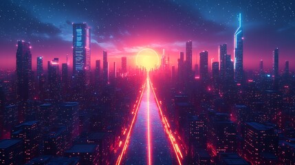 Wall Mural - vector design of a futuristic cityscape at night with sleek angular buildings and neon lights illumi