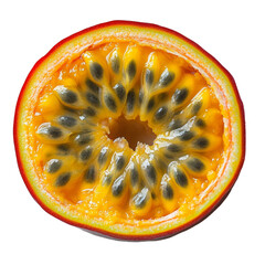 Yellow passion fruit cut in half on a white background