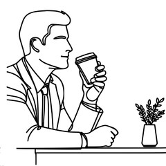 Wall Mural - A man sits at a table with coffee in his hand, there is a plant on the table, linear vector drawing