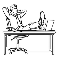 Wall Mural - A man sits at a table with his feet on the table, leaning back in a chair with his hands behind his head, in front of a laptop, linear vector drawing