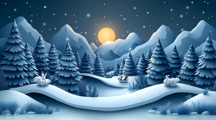 Canvas Print - A serene winter landscape with snow-covered mountains, trees, and a bright moon.