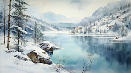 Watercolored artwork of a winter landscape Norway-style