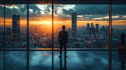 Poster - A silhouette of a person against a sunset view from a high-rise building.