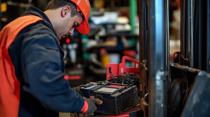 The mechanic is checking the quality Battery Capacity Tester Voltmeter Forklift for service maintenance of industrial to engine repair