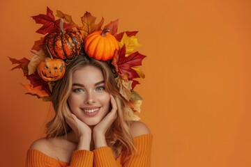 Young woman with a cheerful smile, wearing a crown of autumn leaves and pumpkins, set against a vibrant orange background