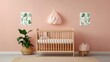 © Creator88 - A soft peach nursery with a natural wood crib, pastel-colored bedding, and soft botanical prints on the walls, Photorealistic, Fresh and gentle