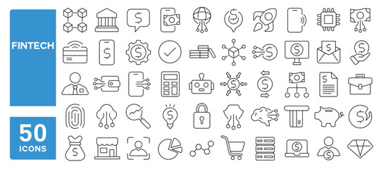 set of 50 line icons related to fintech, banking, financial, payment, cryptocurrency, digital, techn