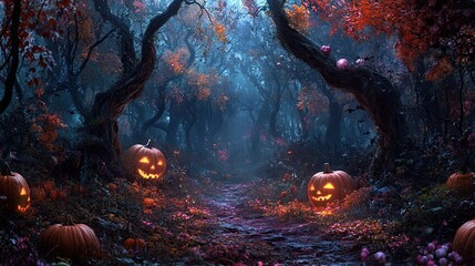 A dark twisted forest with pumpkins