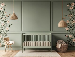 a vintage-inspired nursery with a pastel green crib, floral wallpaper, and a soft beige rug, 3d rend