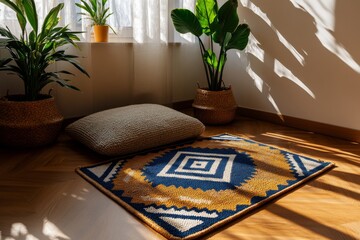 Bohemian style interior with natural materials, vintage rugs, and textured fabrics, captured in soft, natural light