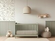 © Creator88 - A vintage-inspired nursery with a pastel green crib, floral wallpaper, and a soft beige rug, 3D rendering, Classic and calming