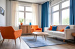 © Galina - Orange armchairs, a white sofa with a wooden chest of drawers under the window and blue curtains on the window. Minimalistic interior design of a modern living room