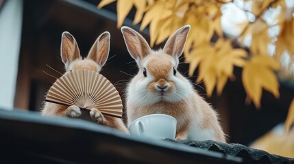 Two rabbits dressed in traditional Hanfu sit on a rooftop, sipping tea and enjoying each other's company amidst vibrant autumn leaves. A small rabbit holds a coffee cup nearby