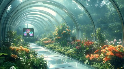 Wall Mural - Vector design of a futuristic garden with holographic plants and flowers set in a metallic greenhouse blending the natural world with advanced technology