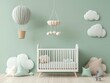 © Creator88 - A soft mint green nursery with a white crib, pastel-colored hot air balloon mobile, and cloud-shaped pillows, Photorealistic, Airy and whimsical