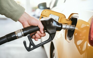 person filling car with fuel at gas station. Inflation and prices raising concept