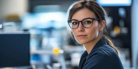 Poster - A focused woman in glasses works at a modern desk. She looks confidently at the camera, showcasing her professional environment. Perfect for business and tech concepts. AI