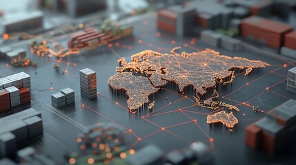 Poster - A 3D model of the world connected by glowing lines and surrounded by miniature shipping containers, symbolizing global trade and interconnectedness.