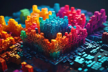 A colorful cube made of plastic blocks. The blocks are arranged in a way that creates a cityscape. The colors of the blocks are vibrant and eye-catching, giving the impression of a lively