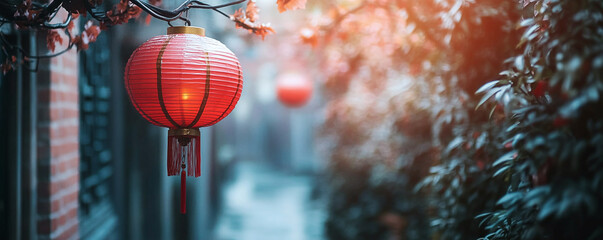 Wall Mural - Red Chinese lantern hanging on an alley