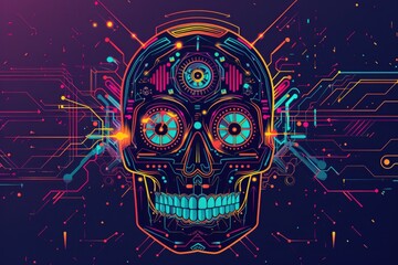 Wall Mural - Futuristic neon cyber skull with circuitry patterns, glowing in vibrant blue, pink, and red, merging technology with Day of the Dead traditions. ai