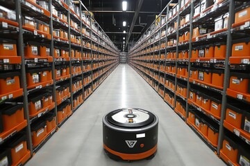 Leinwandbilder - a black and orange robotic cart moves through a warehouse with rows of orange containers stacked on 