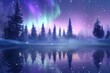© Livinskiy - Magical winter solstice landscape featuring sparkling purple and frosty blue auroras dancing over the lake. Vibrant holiday greeting card background for christmas and new year celebrations