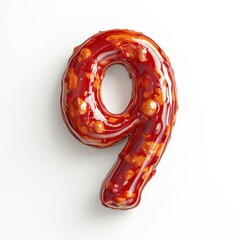 3D number 9 with ketchup texture realistic modern design, soft lighting, white background 