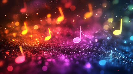 Canvas Print - A vibrant abstract background featuring musical notes and colorful bokeh effects.