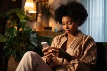 Canvas Print - Young Black woman managing online banking with smartphone sitting on the sofa adult head portability.