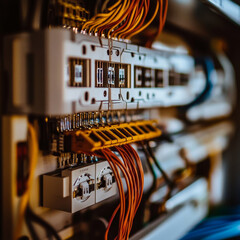 Poster - Close up of detailed electrical wiring installation in control panel, showcasing vibrant wires and connectors, emphasizing complexity and precision of electrical systems