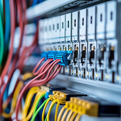 Poster - Close up of detailed electrical wiring installation in control panel, showcasing various colored cables and connectors. intricate setup highlights complexity and precision of electrical systems