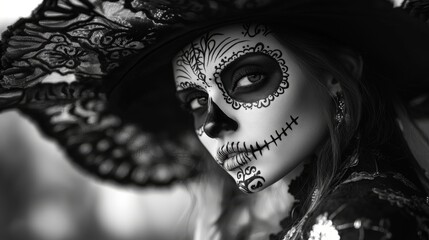 Catrina, portrait Mexican culture, Dia de los Muertos, black and white.