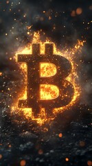 Poster - A burning Bitcoin symbol set against a dark background with flames and sparks.
