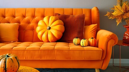 Lovely fall design arrangement featuring pumpkins on an orange sofa